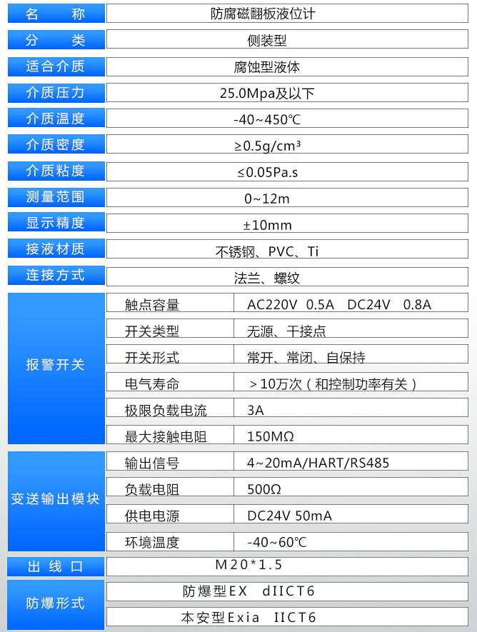 防霜磁浮子液位计技术参数表