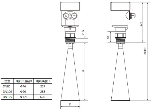 喇叭口雷达物位计RD708外形尺寸图