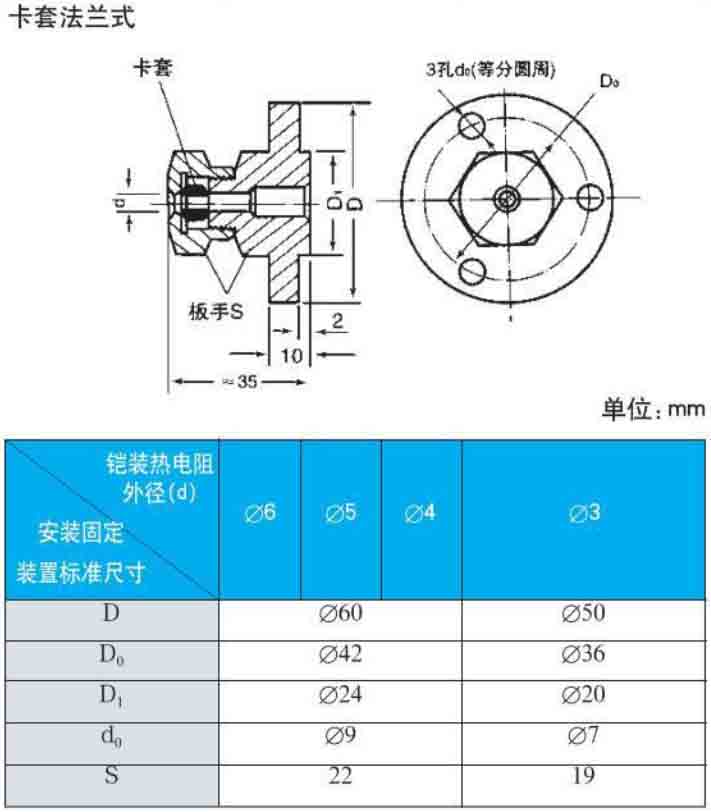 三线制热电阻卡套法兰式安装尺寸图