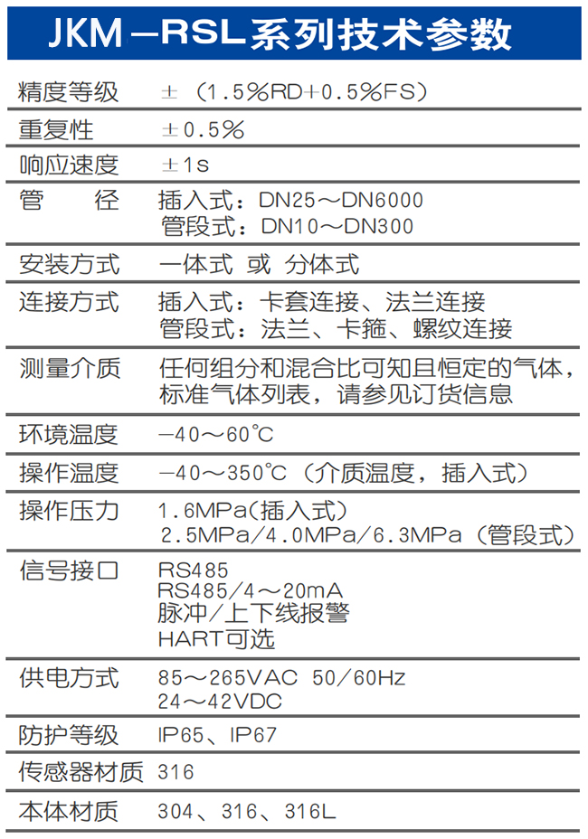 DN100热式气体质量流量计技术参数表
