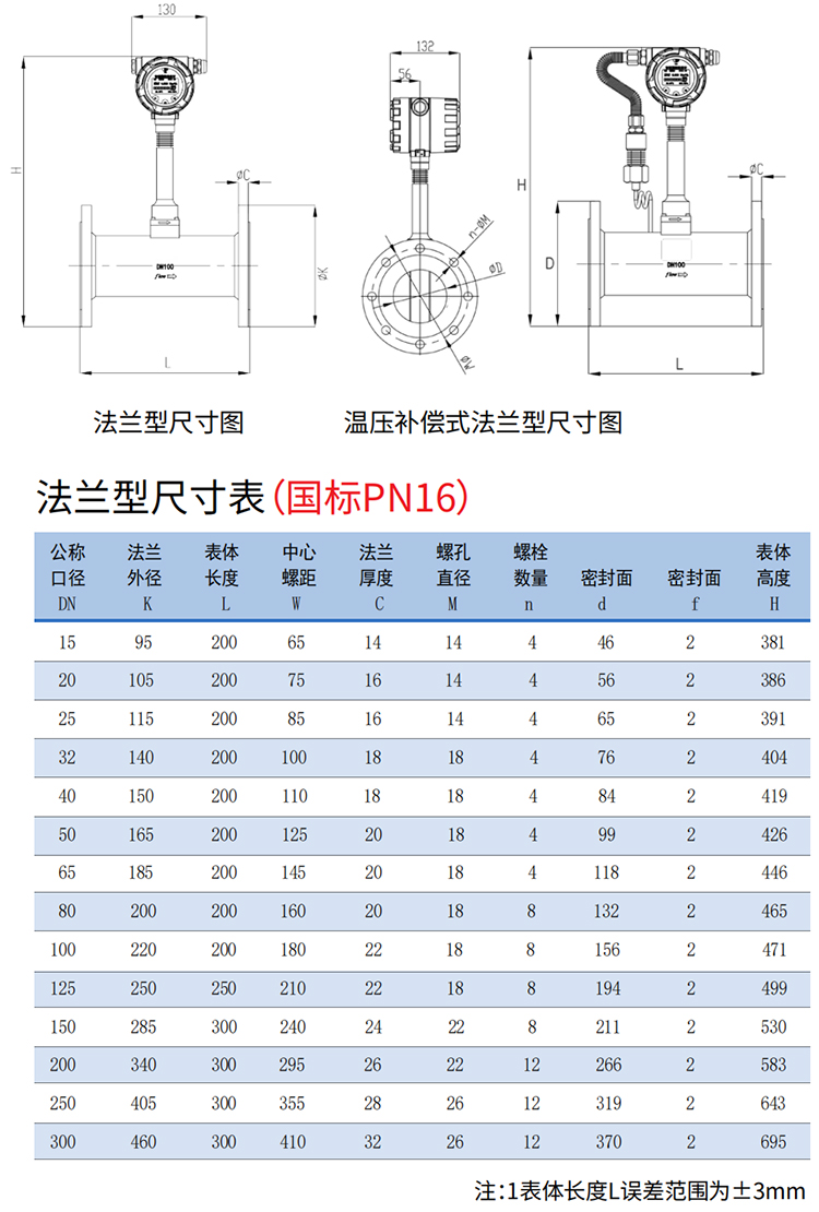 气体涡街流量计法兰式尺寸图