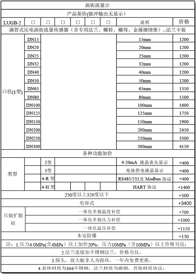 涡街流量计选型对照表