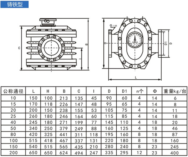 石油流量计外形尺寸对照表
